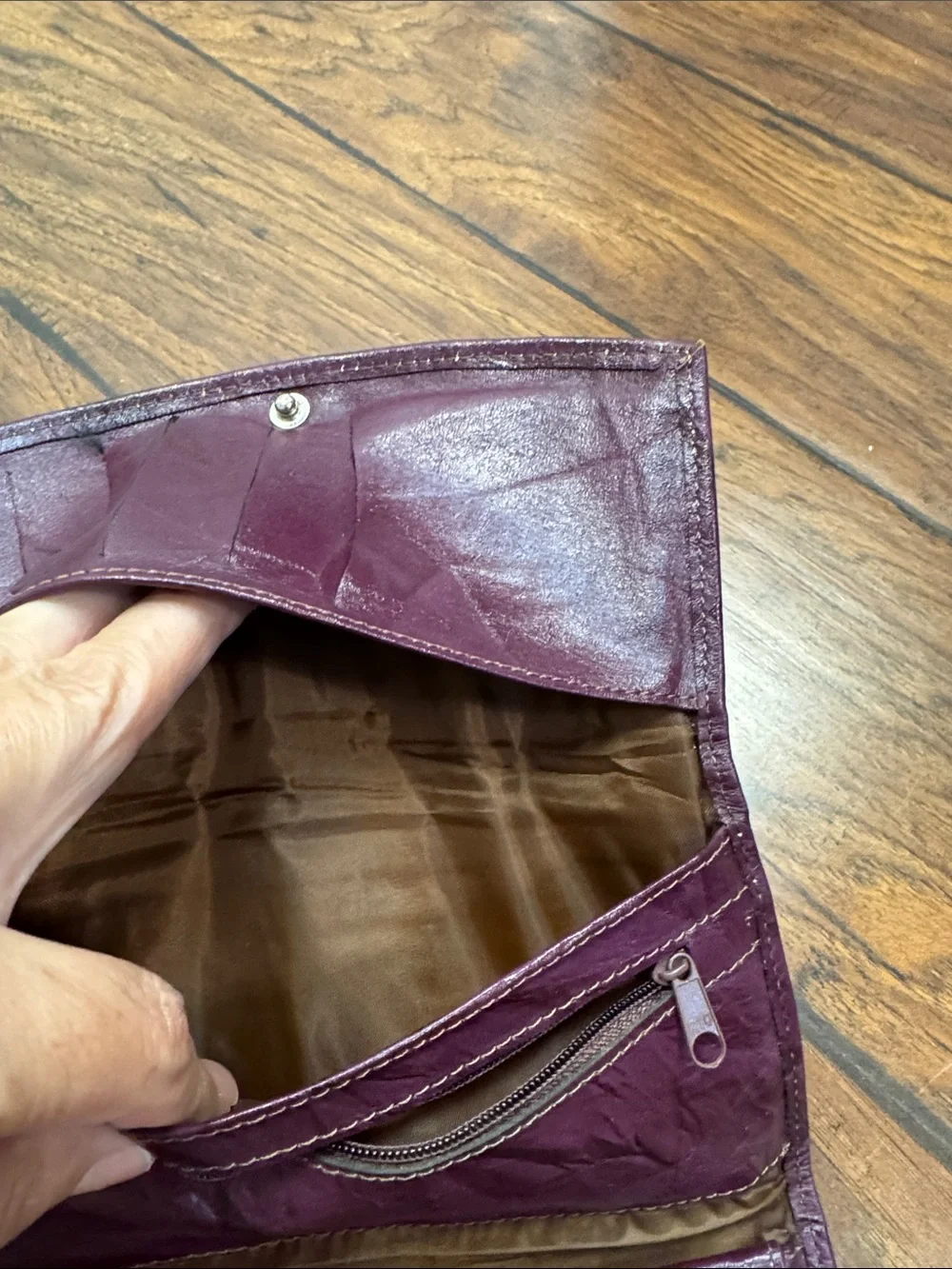 Burgundy Plum Tri Fold Wallet Clutch Organizer Snap Zip Pocket